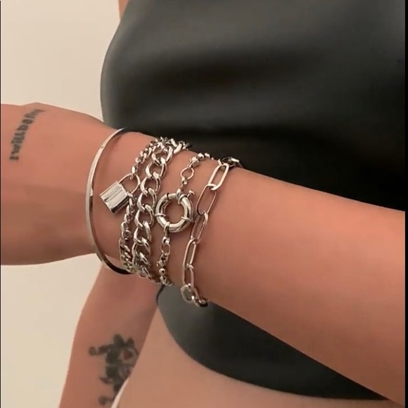 Silver Chunky Punk Cuban Chain Bracelets Set of 5 - Picture 4 of 5